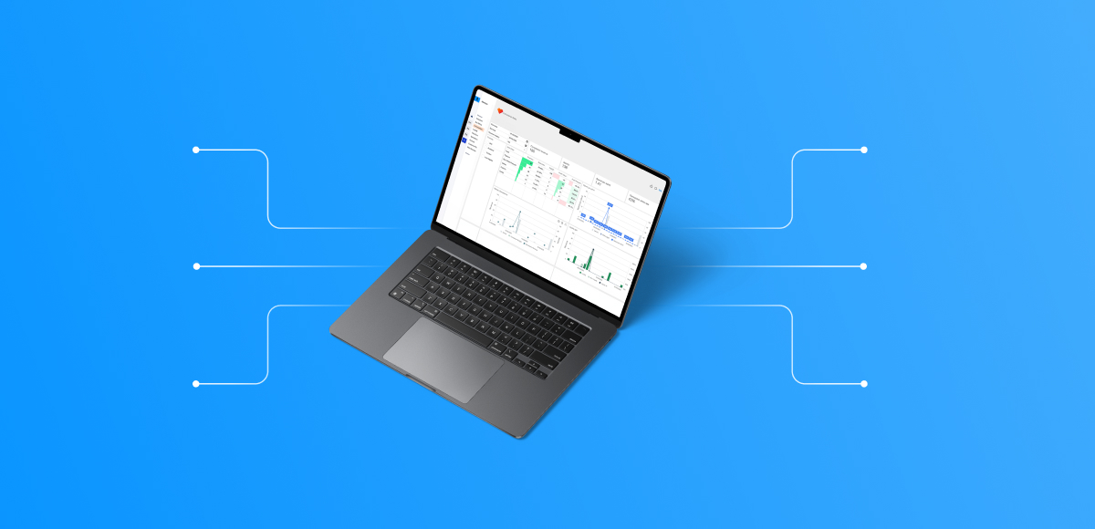 Laptop displaying analytics dashboard with connected data pathways representing unified cinema software systems.