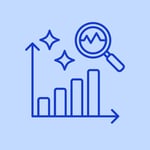 Bar chart with upward trend and magnifying glass highlighting performance analytics and data insights.