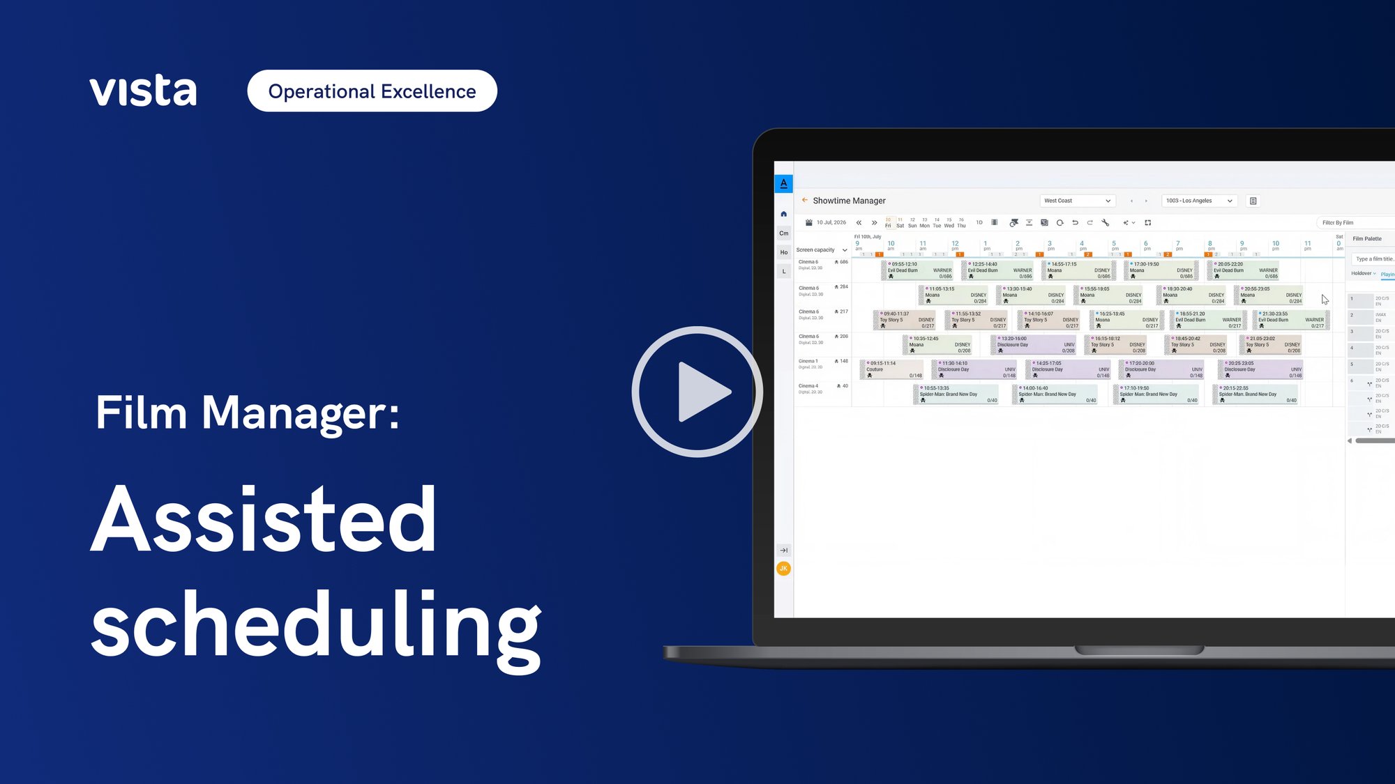 Assisted film scheduling calendar displayed on a laptop screen with video play button overlay