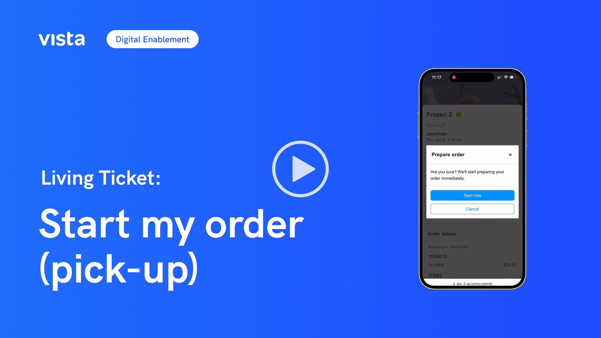 Mobile app prompt to start preparing a cinema food order for pickup with play button overlay