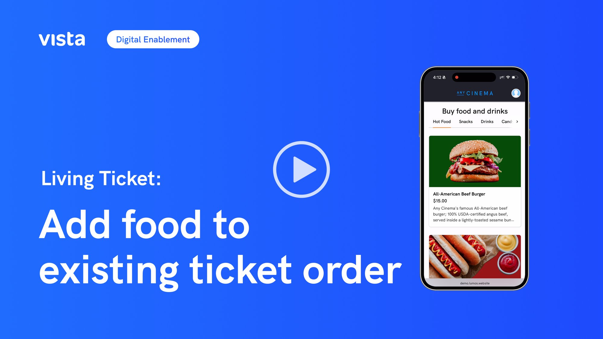 Mobile app screen for adding food and drinks to an existing cinema ticket order with video button overlay