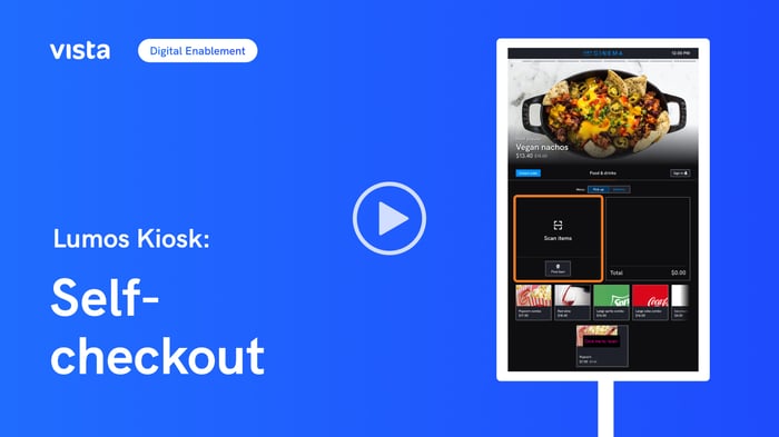 Self-service cinema kiosk interface for scanning items and purchasing food and beverages with video play button overlay Self-service cinema kiosk interface for scanning items and purchasing food and beverages with video play button overlay