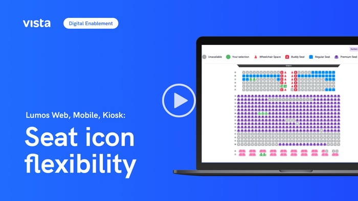 Cinema seat selection map showing multiple seat types and accessibility options with video play button overlay