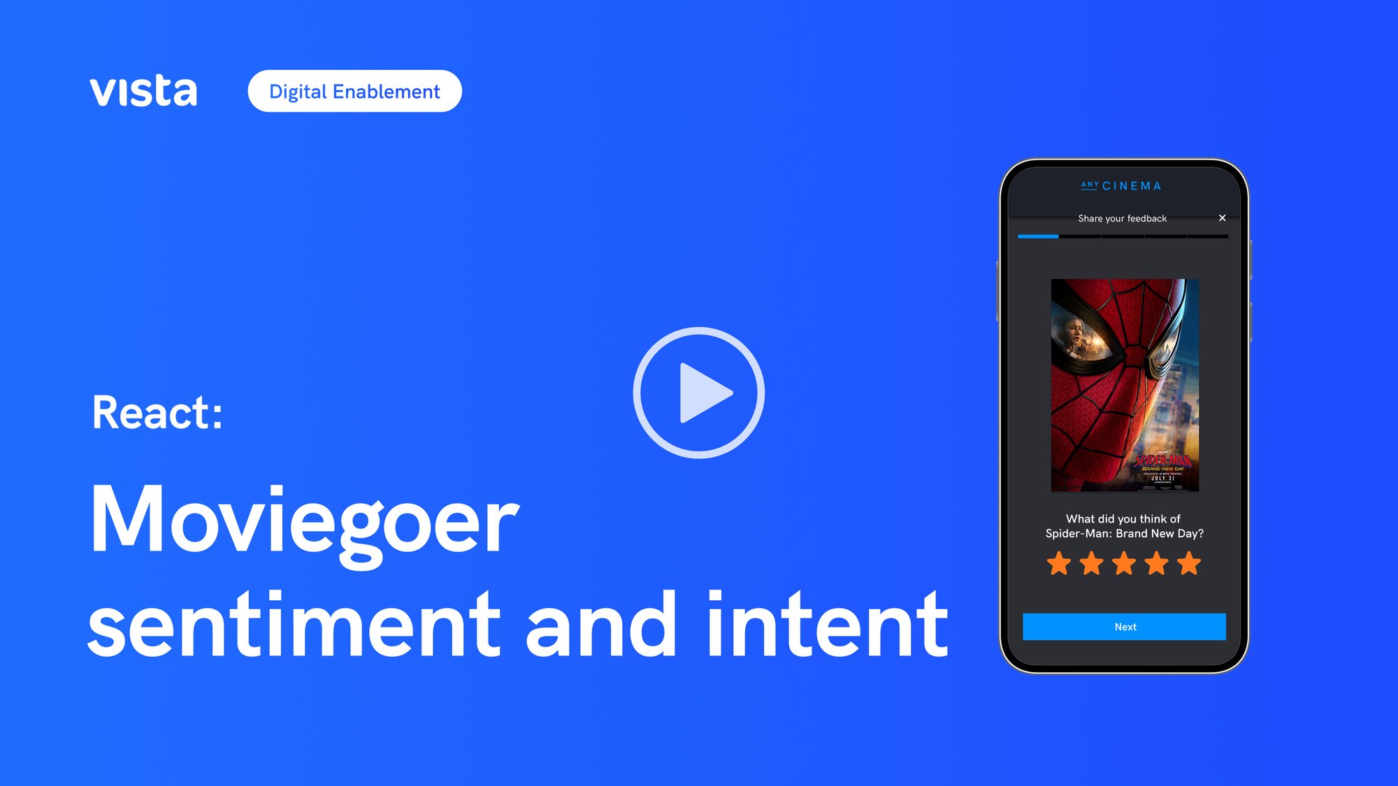 Mobile feedback survey screen collecting moviegoer ratings and sentiment data with video play button overlay Mobile feedback survey screen collecting moviegoer ratings and sentiment data with video play button overlay