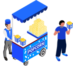 Popcorn cart displaying tubs of popcorn, attended by a vendor and customer.