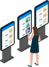 Visitor using digital kiosk screens displaying cinema products and offers.