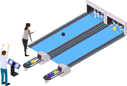 Bowling alley with players, scoring screens and bowling balls in motion.