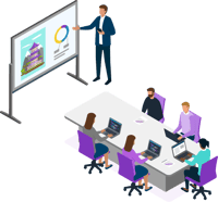 Team meeting around a conference table with a presenter showing charts and reports on a screen.