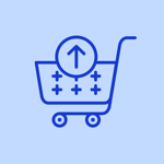 Shopping cart with upload arrow representing self-checkout purchase flow