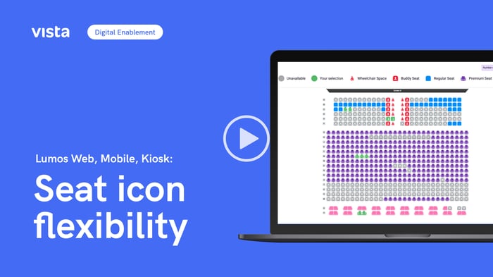 Lumos seat selection interface showing multiple seat types and flexible seating icons across web, mobile and kiosk platforms.