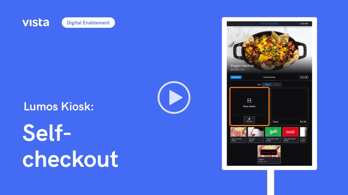 A cinema kiosk food and drinks ordering screen with play button overtop