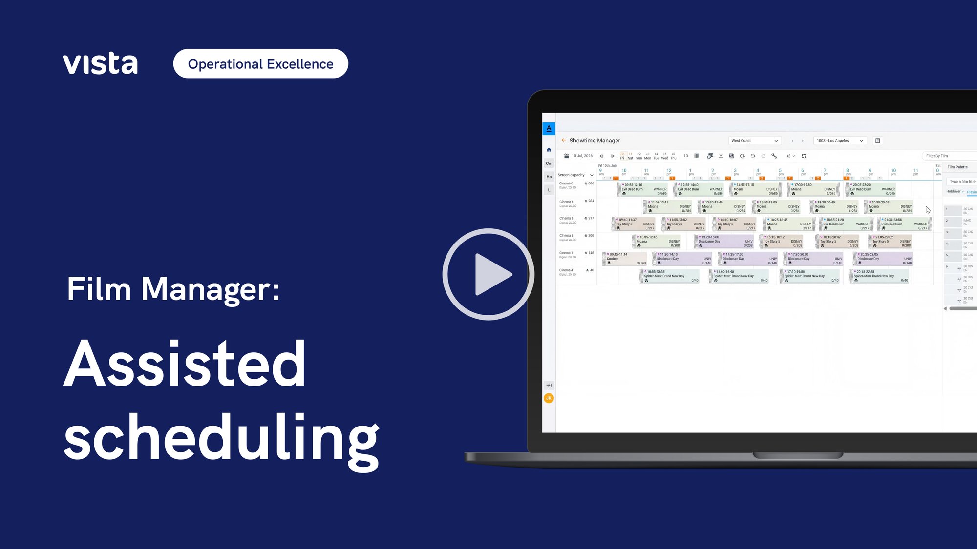 Vista Film Manager assisted scheduling video thumbnail showing Showtime Manager schedule interface on a laptop screen.