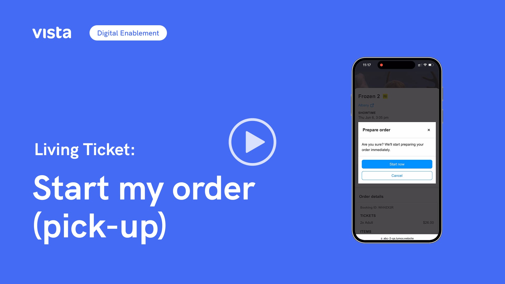 Living Ticket feature showing a mobile screen with a confirmation prompt to start preparing a cinema food order for pickup