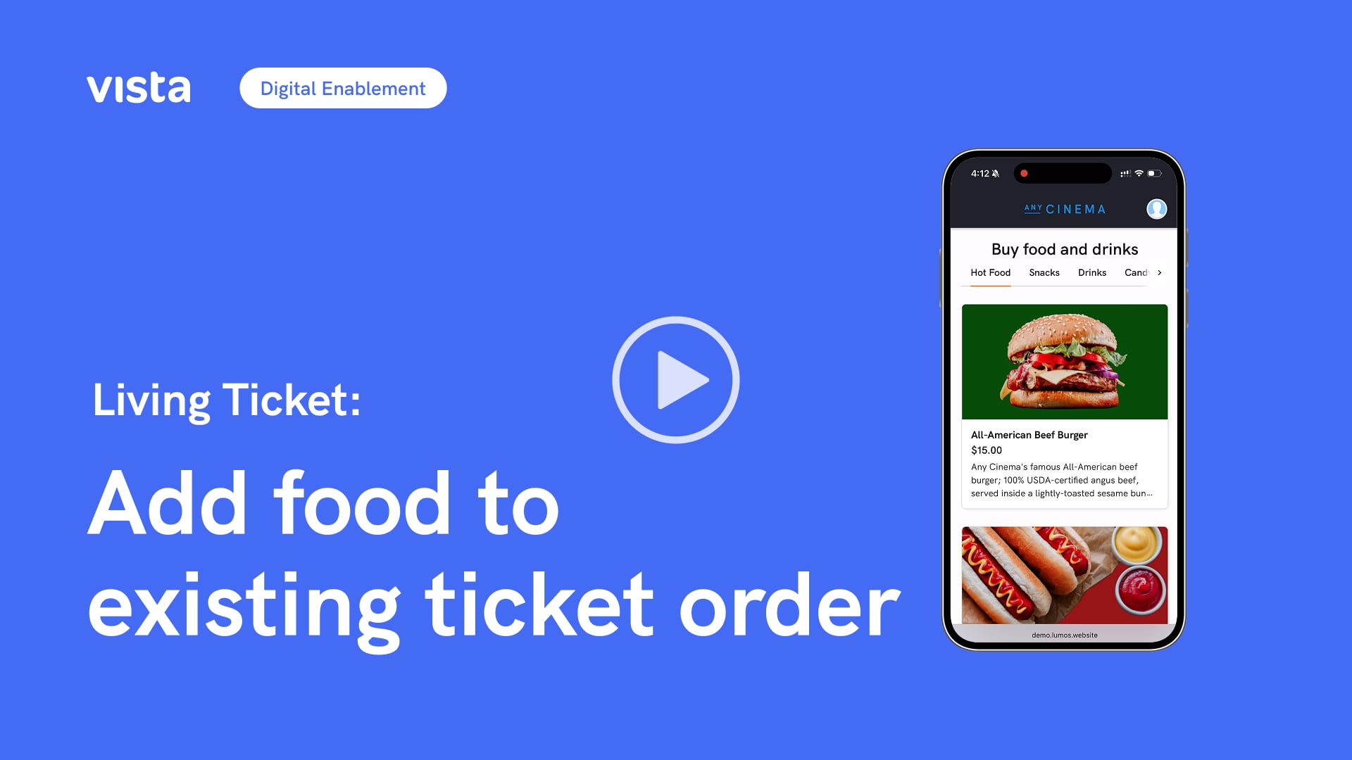 Living Ticket feature showing a mobile screen where customers can add food and drinks to an existing cinema ticket order