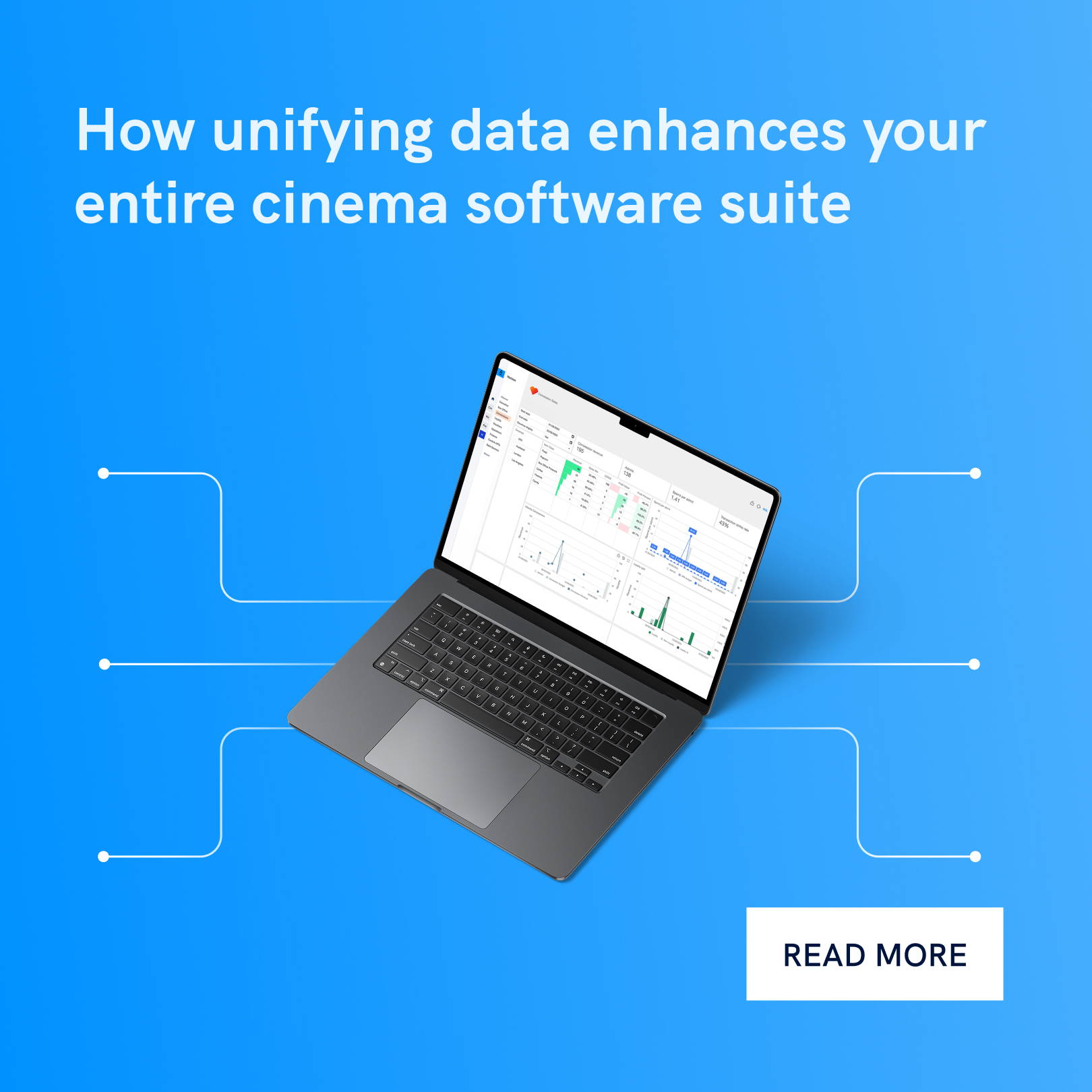 Cinema software analytics dashboard illustrating unified data across connected systems.