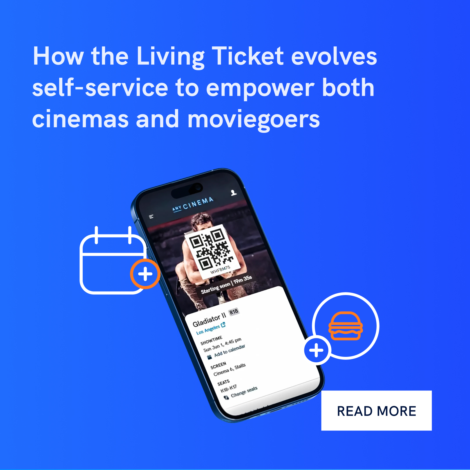 Mobile movie ticket with QR code and self-service options for seat changes, calendar reminders and food orders